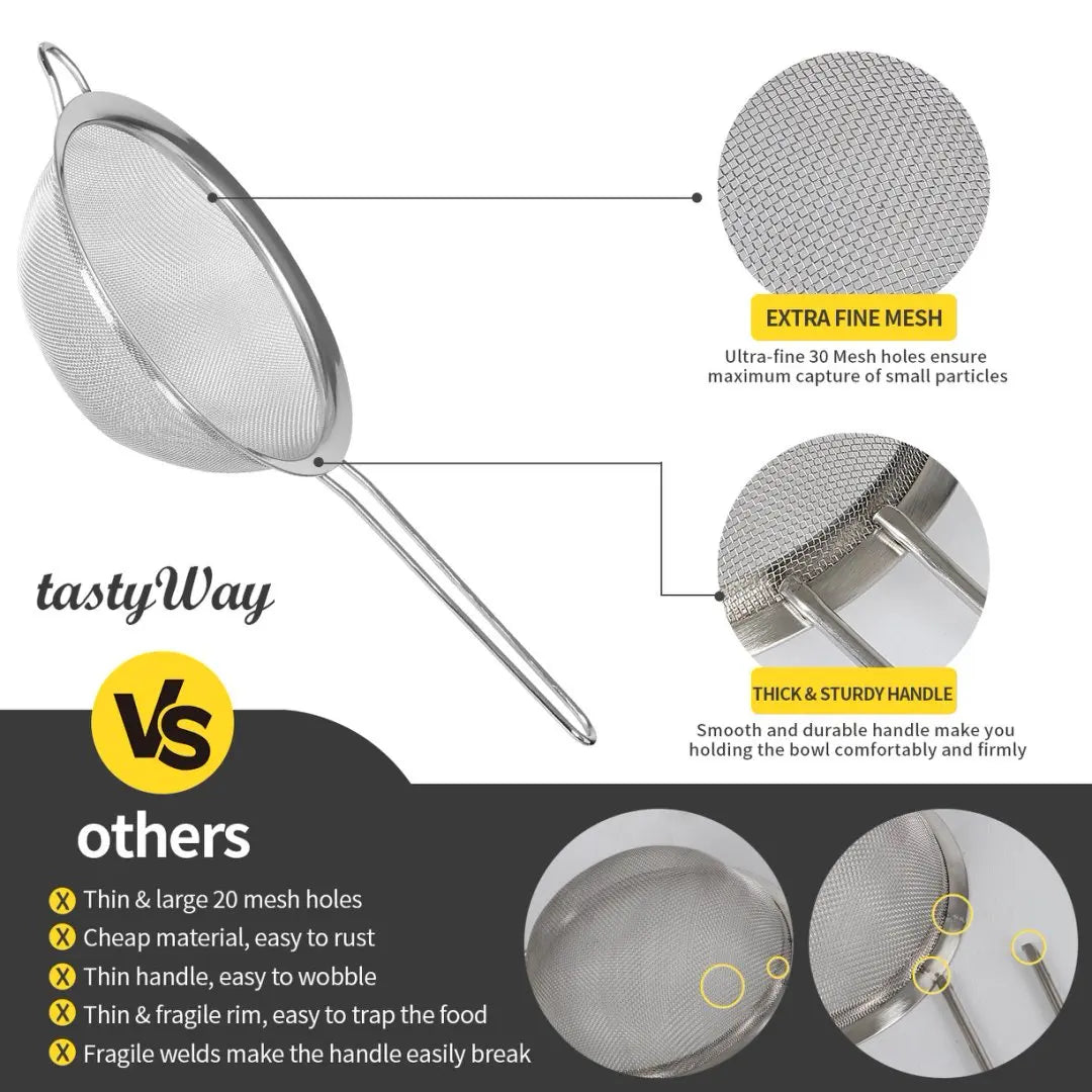 tastyWay 3pcs/set Stainless Steel Fine Mesh Strainers Multipurpose Flour Sifter For Baking With Handle Flour Sieve Sifter Baking