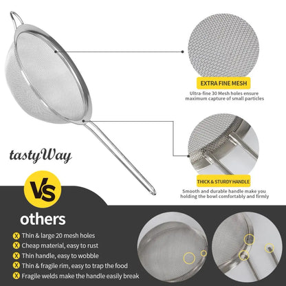 tastyWay 3pcs/set Stainless Steel Fine Mesh Strainers Multipurpose Flour Sifter For Baking With Handle Flour Sieve Sifter Baking