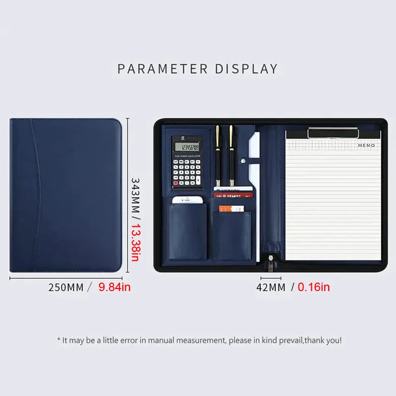 Executive Business A4 Leather Portfolio Folder Clipboard for Zippered Desk Organizer Document Briefcase Calculator for Office