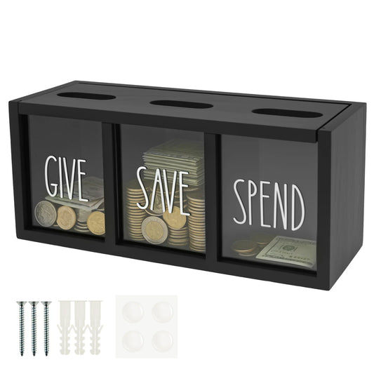 3 Grids Wall-mounted Save Spend Bank Visualized Money Saving Box Wooden Piggy Bank Give Save Spend Money Boxes for Kids Adults