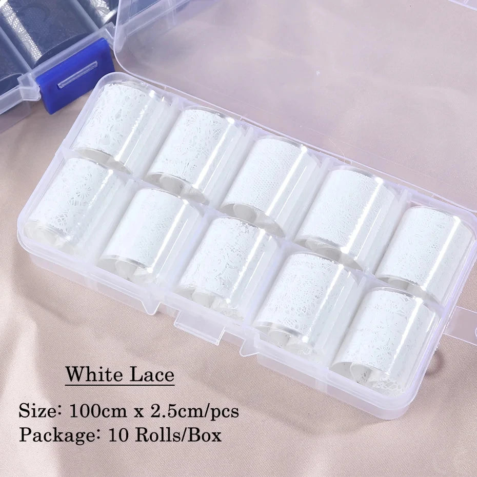 10 Rolls/Box White Black Lace Nail Art Foils Set Nail Transfer Sticker Paper DIY Manicure Nail Decoration Accessories