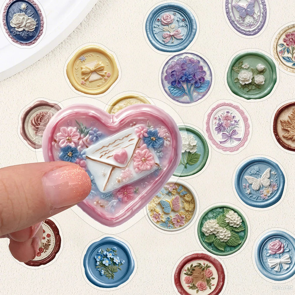10/30/50pcs Vintage Wax Seal Stamp Aesthetic Stickers Transparent PET Decals DIY Scrapbook Phone Guitar Butterfly Flower Sticker