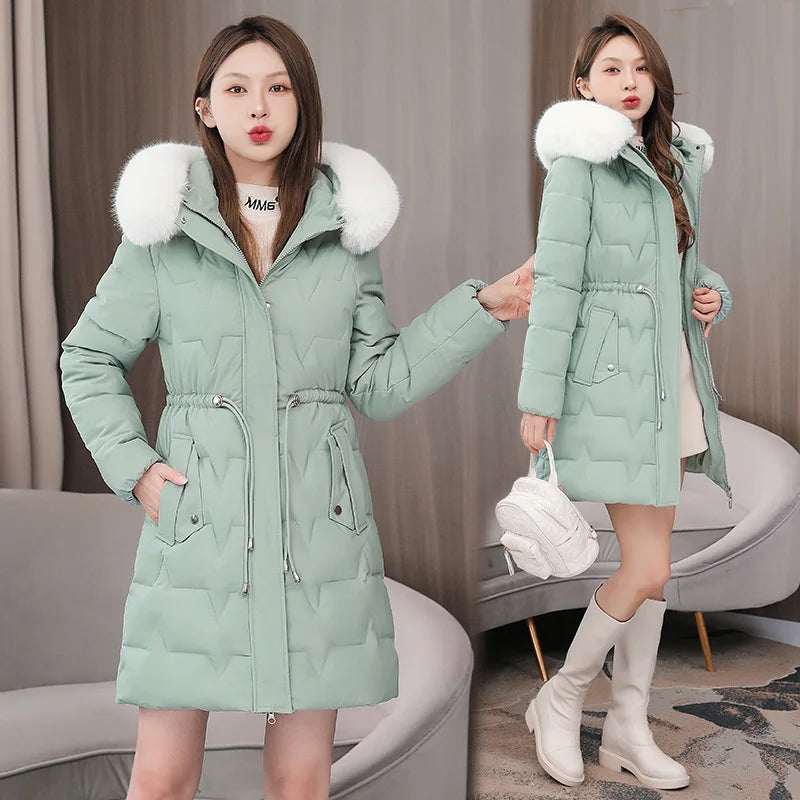 Hooded Women Parkas Coats Mid LenthJackets  Oversize Solid Fur Collar Zipper Drawstring Waist Loose Casual 2025 Autumn Winter