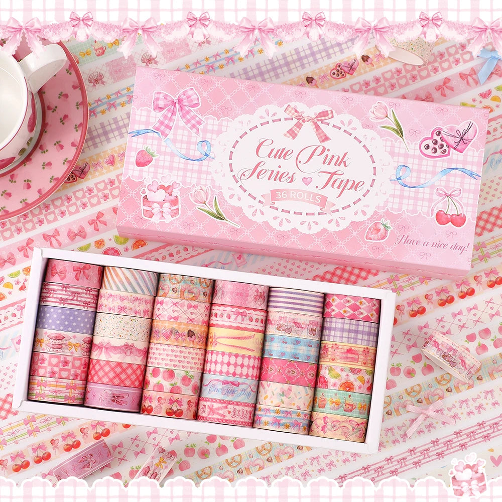 36 Rolls Pink Washi Tape Set Cute Butterfly Gingham Cherry Dessert Pattern Decorative Masking Tapes For Scrapbooking Journaling