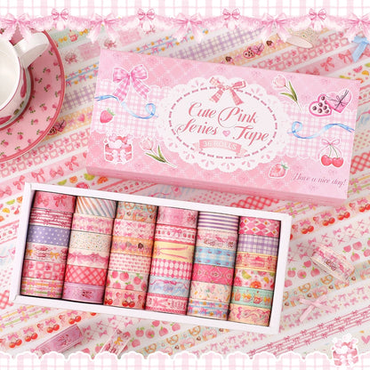 36 Rolls Pink Washi Tape Set Cute Butterfly Gingham Cherry Dessert Pattern Decorative Masking Tapes For Scrapbooking Journaling
