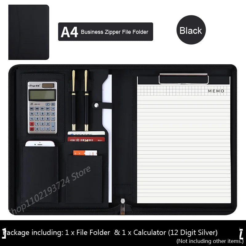 Executive Business A4 Leather Portfolio Folder Clipboard for Zippered Desk Organizer Document Briefcase Calculator for Office
