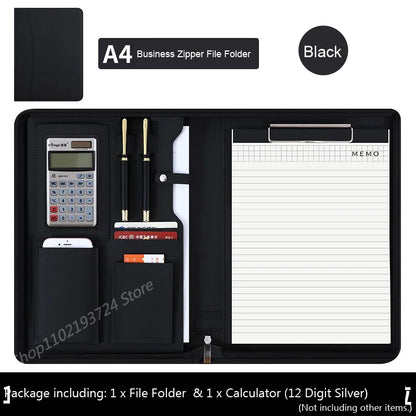 Executive Business A4 Leather Portfolio Folder Clipboard for Zippered Desk Organizer Document Briefcase Calculator for Office