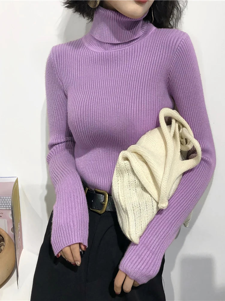 2026 Autumn Winter Sweater Women Knitted Ribbed Pullover Sweater Long Sleeve Turtleneck Slim Jumper Soft Warm Pull Femme
