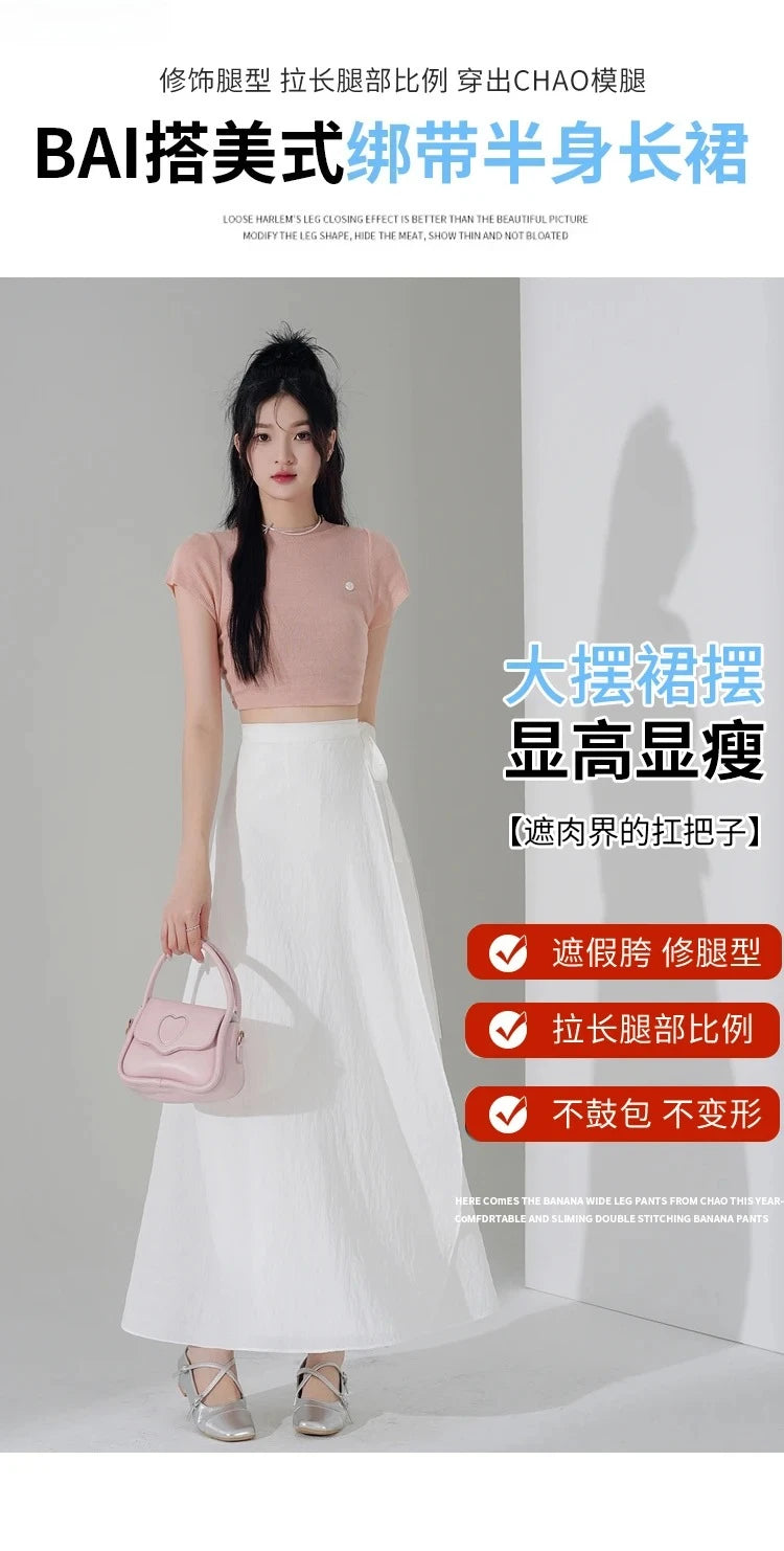 Chic Korea Clothes Summer Women Cute Sweet GIrls Solid Robe Holiday Date High Waist Retro Vintage Wrap One-Piece Lace-Up Skirts