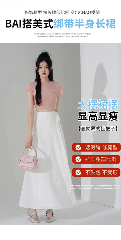 Chic Korea Clothes Summer Women Cute Sweet GIrls Solid Robe Holiday Date High Waist Retro Vintage Wrap One-Piece Lace-Up Skirts