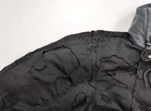 MWJLPWQ Fake Two Pieces Retro Distressed Hooded Cotton Jacket Men's New High Street Zipper Washed Hiphop Padded Winter 010528