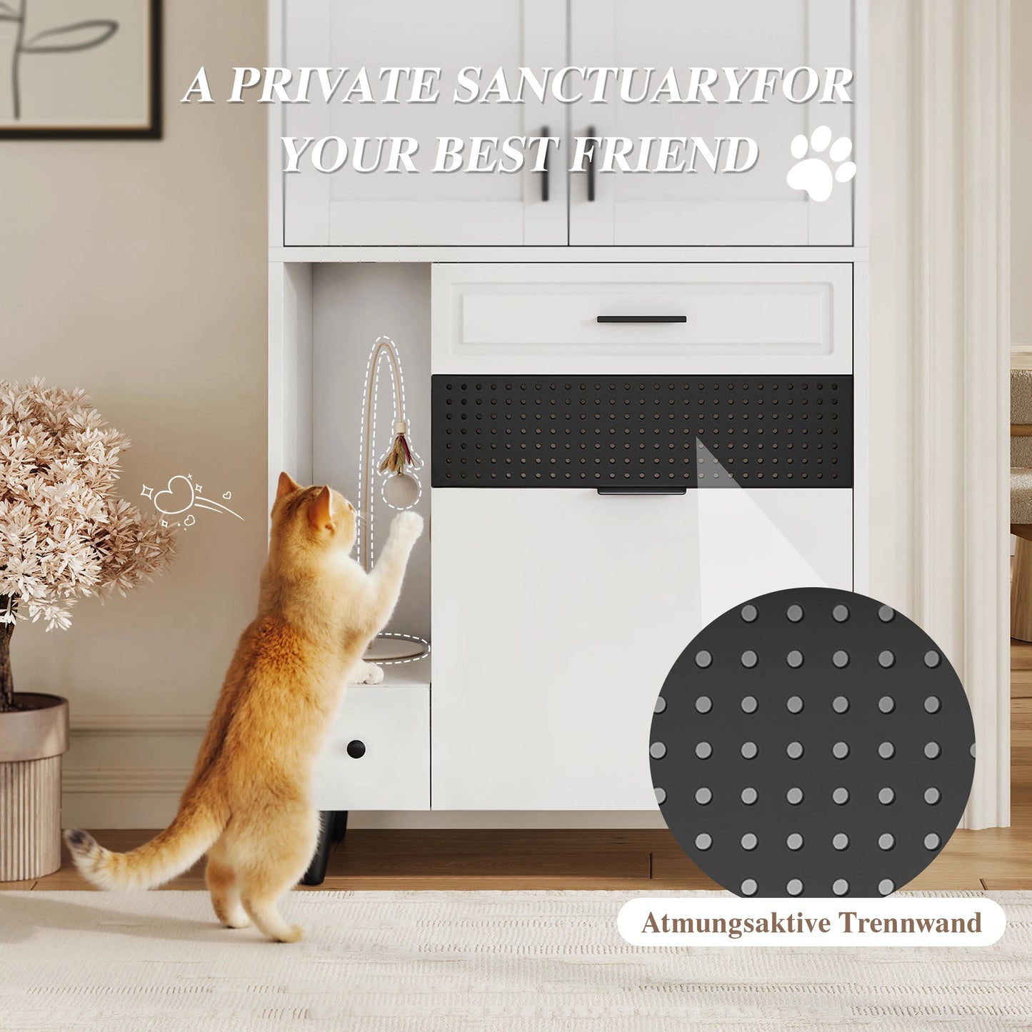 Multifunctional Cat Storage Cabinet with Stable Construction, Adjustable Shelves, Drawers, and Cat Bed Area – Cozy Activity Space for Cats, Pet Furniture with Arch Openings
