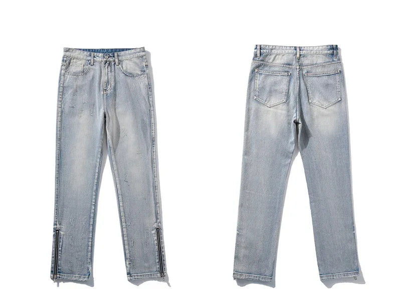 2024 Spring Autumn Korean Men Fashionable Retro Street Jeans Zip Design on Trouser Legs Straight-leg Denim Pants Men's Clothing