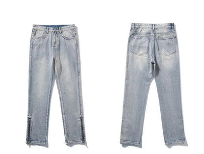2024 Spring Autumn Korean Men Fashionable Retro Street Jeans Zip Design on Trouser Legs Straight-leg Denim Pants Men's Clothing