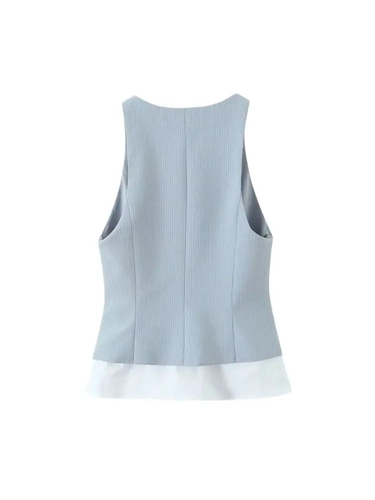 Women's Fashion Striped Patchwork Vest Sleeveless V-Neck Waistcoat Chic Outerwear Front Button Chic Vest Tops