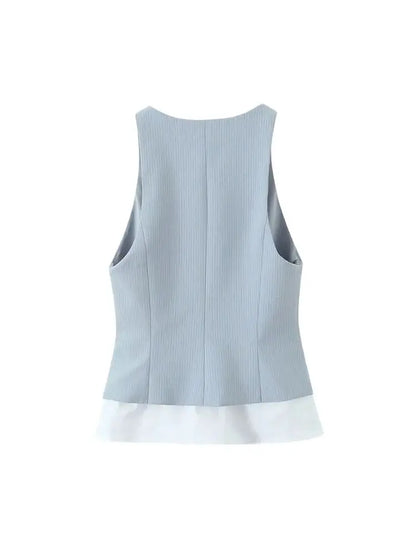 Women's Fashion Striped Patchwork Vest Sleeveless V-Neck Waistcoat Chic Outerwear Front Button Chic Vest Tops