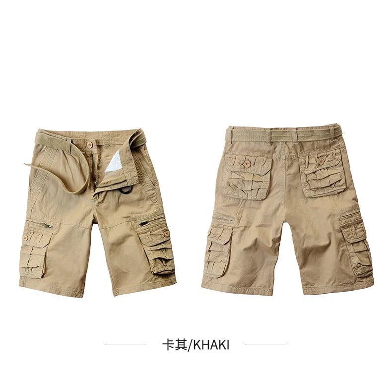 2026 Summer Men's Cotton Cargo Shorts Multi-Pocket Casual Short Pants Male Hiking Loose Solid Jogging Shorts No Belt Plus Size