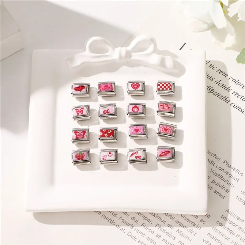 Wholesale Sweet Pink Series Stars Heart Flowers Butterfly Italian Link Fit 9mm Stainless Steel Bracelet Making DIY Charm Jewelry