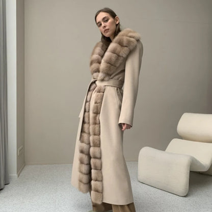 CNEGOVIK Natural Fox Fur Winter Cashmere Wool Coat Women Fur Coat Women Luxury Real Fur Warm Winter Jackets Cashmere Fur Jacket