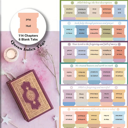120pcs Quran Index Tabs - 114 Chapters And 6 Blank, Self-Adhesive 6 Sheets Laminated Quran Tabs-Tear-Resistant , Clear Print for