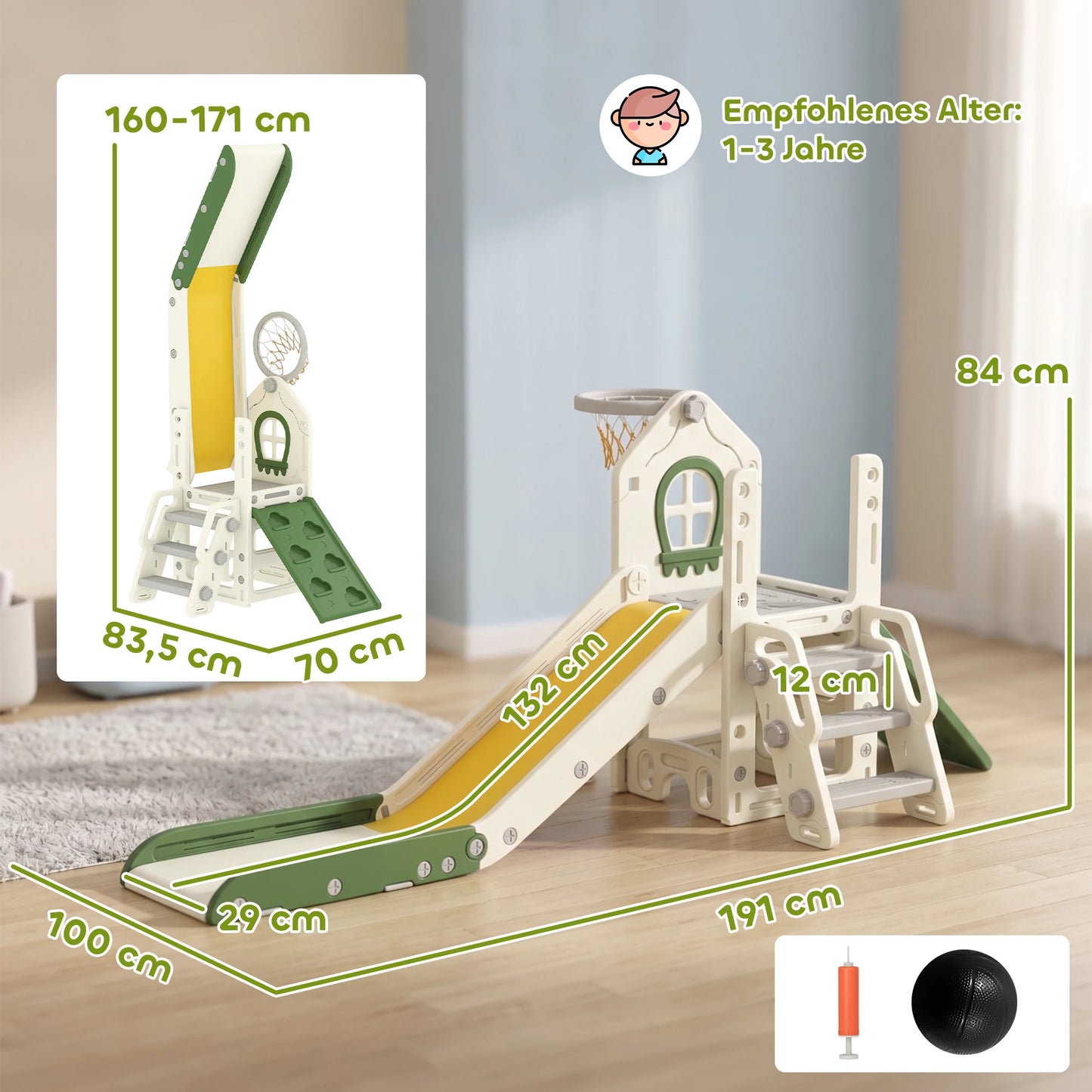 Foldable 4-in-1 Toddler Slide with Climbing Elements, Basketball Stand, Storage Space and Basketball for Kids 1-3 Years Old, Cream White, Kids Toy Slide, Kids Slide, Outdoor Toy Slide