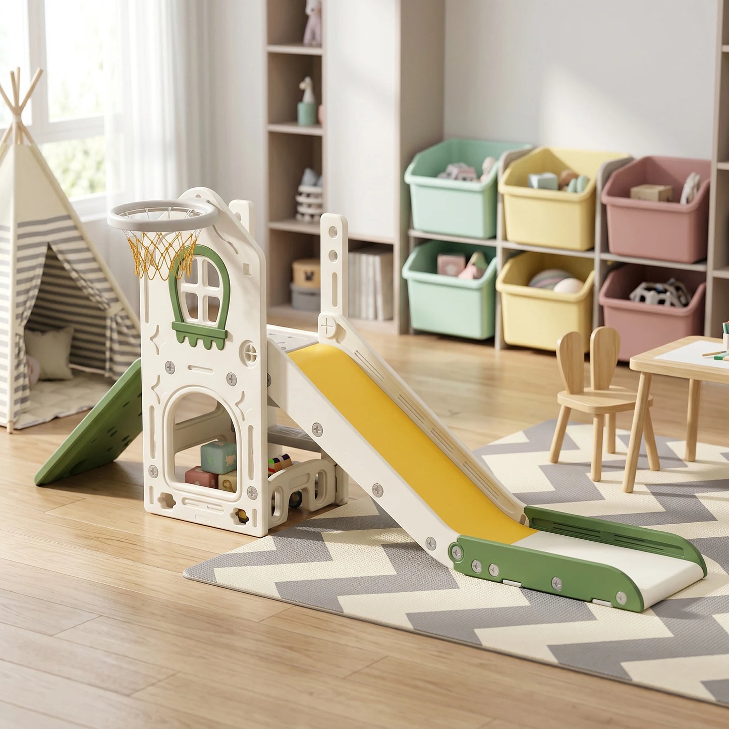 4-in-1 foldable slide with a climbing element, basketball hoop, storage space, and a basketball for children aged 1 to 3, cream white