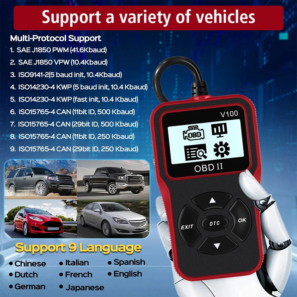 V100 Car Diagnostic Tools OBDII EOBD Auto Accessories Universal Plug and Play Digital Display OBD 2 Scanner OBD2 Code Reader
