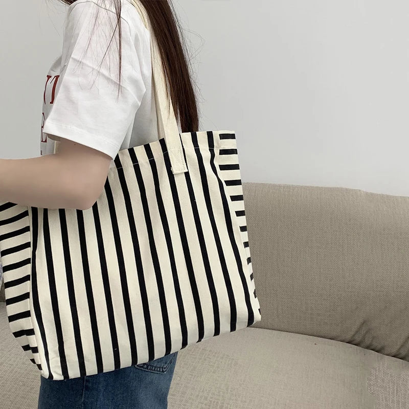 Striped Canvas Bag Beach Handbag Fashionable Women's Canvas Summer Large Capacity Shoulder Bag