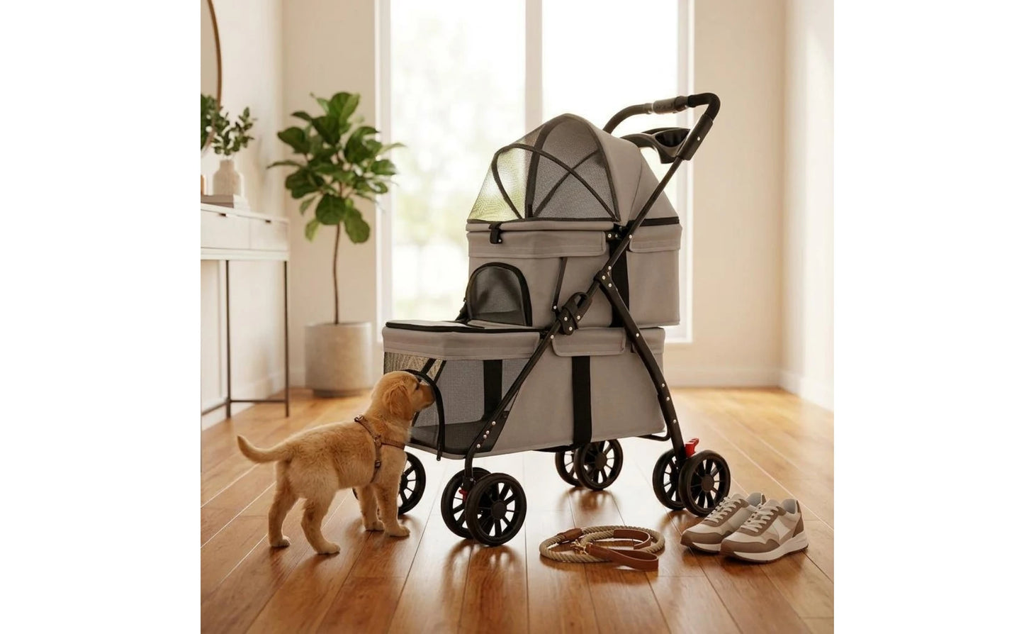 Double-Deck Pet Stroller Lockable Wheels Small Dog Feline Stroller Pet Transport Storage Pockets Removable Liner for Outdoor