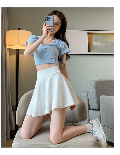 Summer Basic Skirts Women Shorts Mini Elastic Pleated Skirts High Waist Bubble Sun Skirts School Girl Uniform Lined Safety Pants