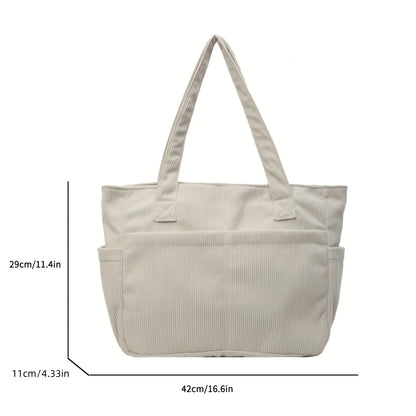 Large Capacity Women's Corduroy Tote Bag Casual Striped Shoulder Bag with Fixed Straps Zipper Handbag for Daily Commuting