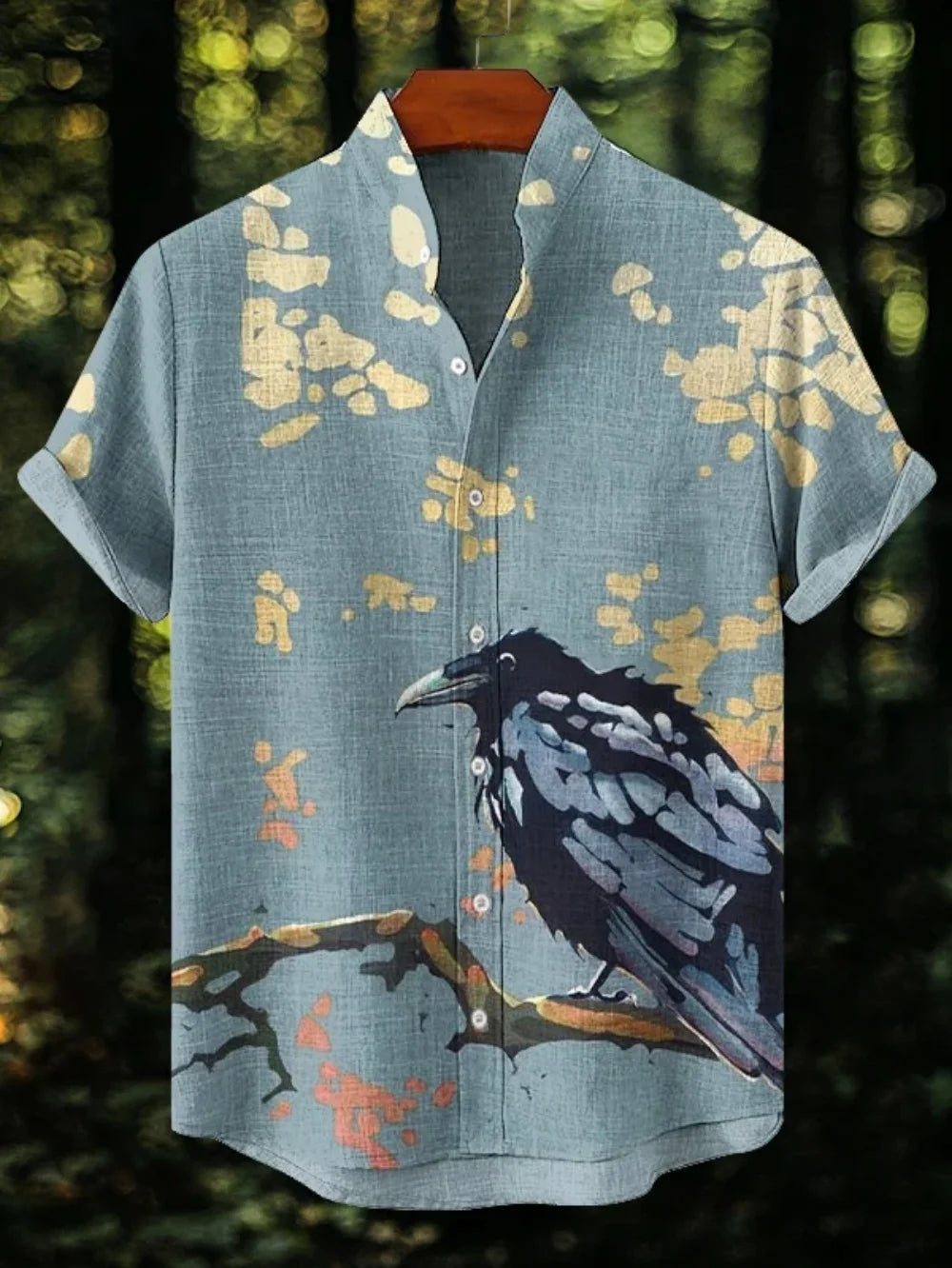 Men's Japanese Retro Art Black Cat Print Shirt Short Sleeve Stand Up Collar Single Breasted Casual Linen Top for Vacation