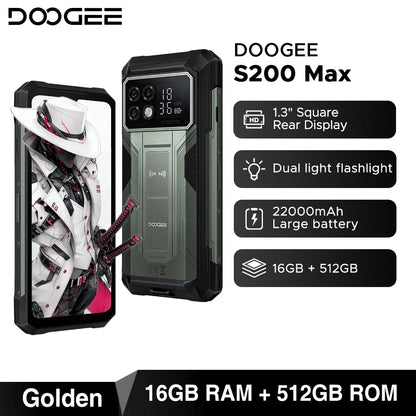 DOOGEE S200 Max 5G Rugged Phone 1.32" Rear Display Dual light Flashlight 22000mAh Battery 66W 6.72” 120Hz 16GB 512GB Smartphone