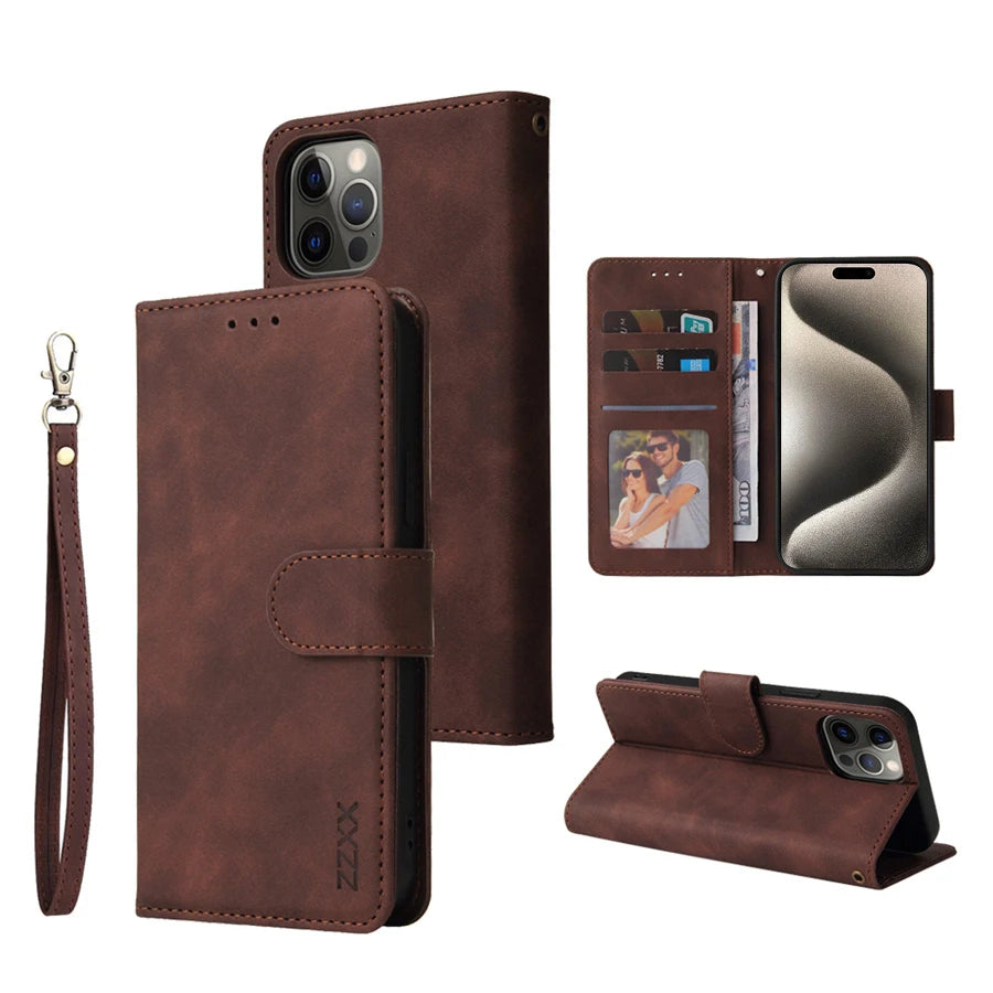 ZZXX Wallet Card Slot Holder Magnetic Flip Leather Case For iPhone 15 Pro Max 14 Plus 13 Mini 12 11 X XS XR SE 2022 8 7 6s Cover