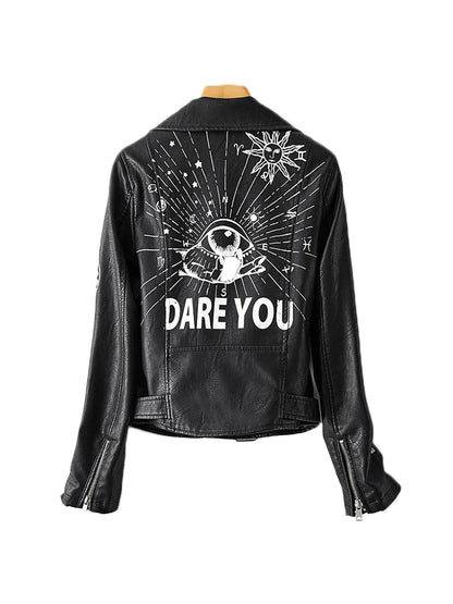 Ailegogo Spring Women Graffiti Print Pu Faux Leather Short Jacket Streetwear Female Retro Slim Zipper Moto Biker Coat Outwear