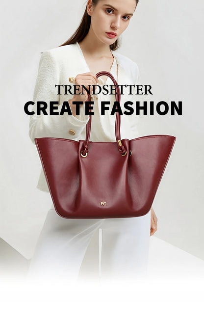 PG Women Pebbled Leather Tote Bag Large Capacity Fashion Shoulder Top Handle Handbag Elegant Daily Work