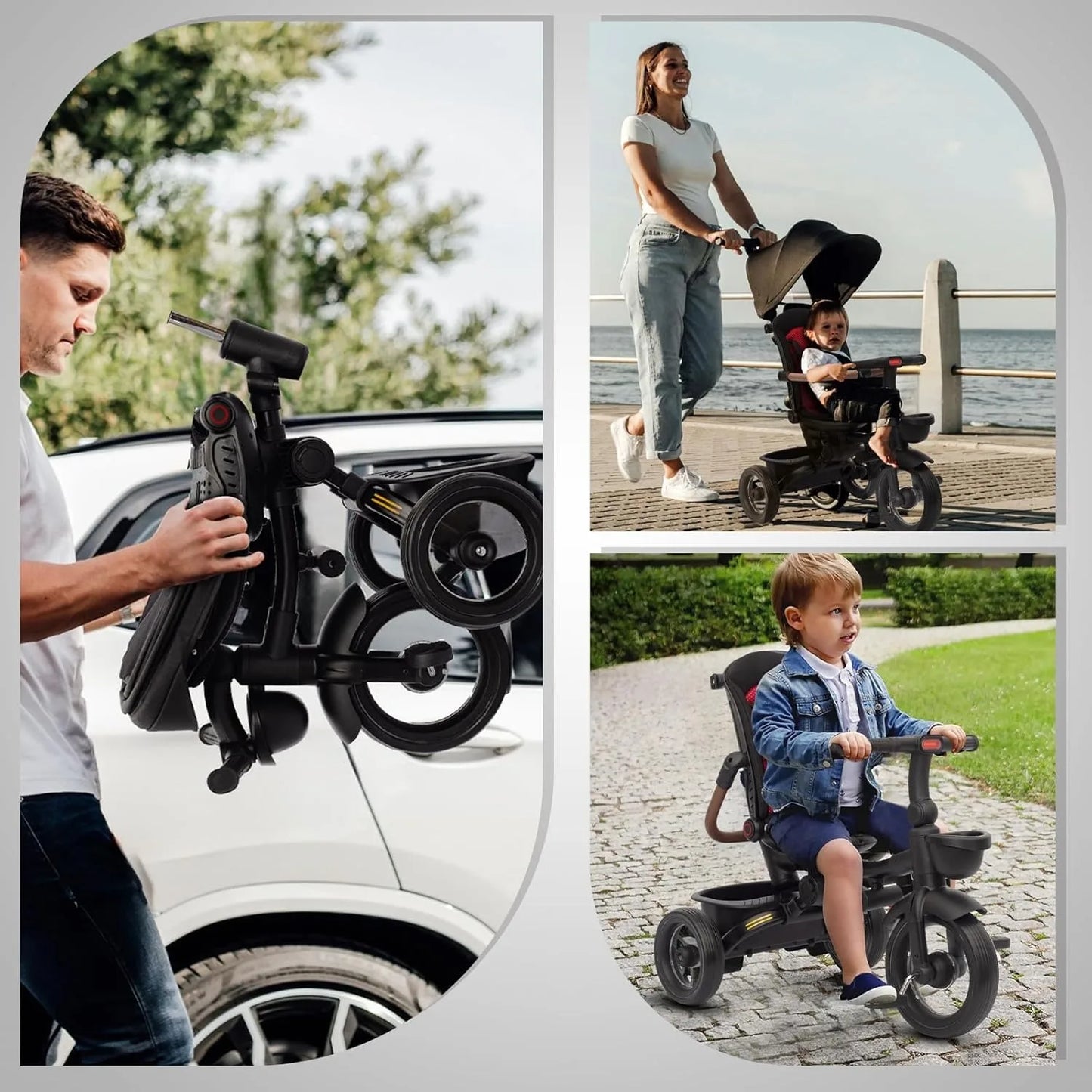 Baby Tricycle,7 in 1 Foldable Trike for Kids age 6M+ to 5 Years,Headlights.1-Step Brake Folding Pedal, Extended Canopy