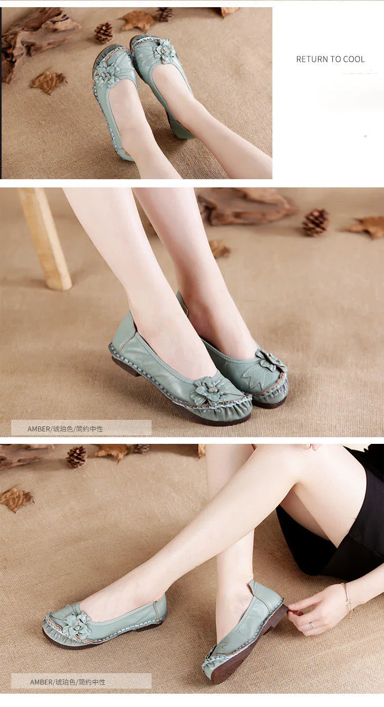 Vintage Flower Moccasins Woman Genuine Leather Ballet Flats Ladies Hollow Slip Ons Women's Luxury Loafer Purple Walking Shoes 42