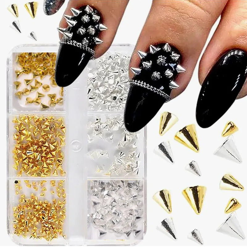 6Grids 3D Mini Punk Metal Rivet Nail Art Charms 1.5/2/3mm Gold Silver Cone Spike Studs Nails Jewels DIY Manicure Decorations ZB