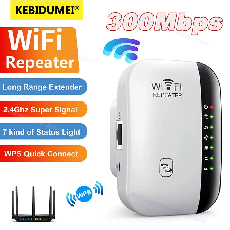 kebidumei 300Mbps WIFI Repeater Remote Wi-Fi Amplifier 802.11N WiFi Signal Booster Network Amplifier 4/7 Light Wireless Repeater