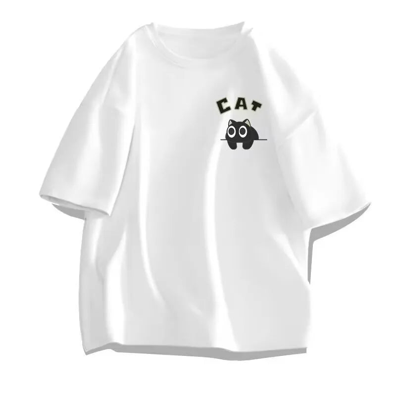【 M-8XL 】 Summer Limited Edition Men's Oversized T-shirt Korean Casual Loose Style Anime Black Cat Print T-shirt