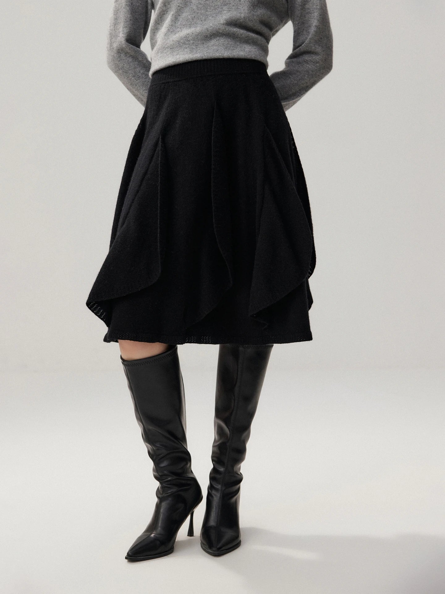 French 100% Pure Cashmere Skirt Ruffle Irregular A-line Soild Midi Sirt Autumn Winter Women Elegant Pleated  Knit Dress Fashion