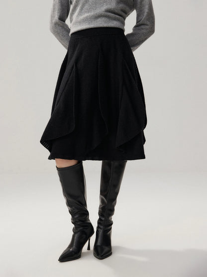 French 100% Pure Cashmere Skirt Ruffle Irregular A-line Soild Midi Sirt Autumn Winter Women Elegant Pleated  Knit Dress Fashion