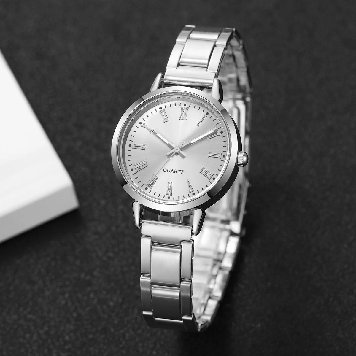 6PCS Women Watch Jewelry Set - Fashion Quartz Watch + Crystal Infinity Bracelet Necklace Earring Ring for Ladies（Without Box）