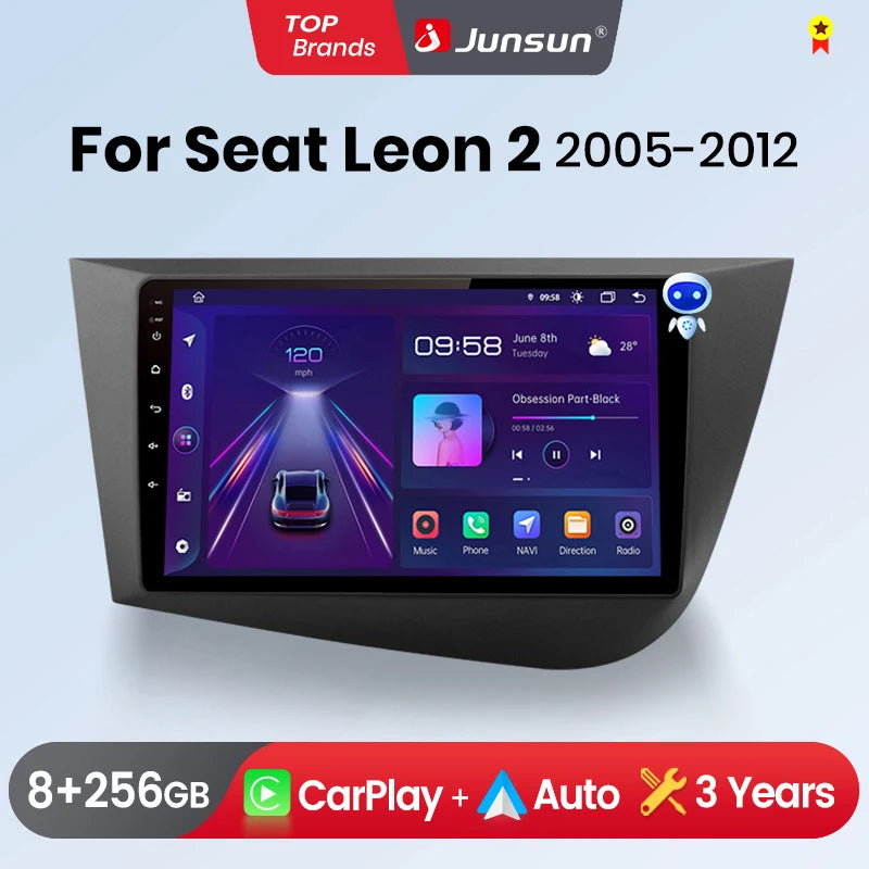 Junsun Wireless CarPlay Android Auto Car Radio for Seat Leon MK2 2005 2006 2007 2008 -2012 2 DIN Multimedia Stereo with Built-in Cooling Fan GPS Navigation SWC Bluetooth FM RDS DSP IPS Screen Car Intelligent Systems 4G WiFi 8
