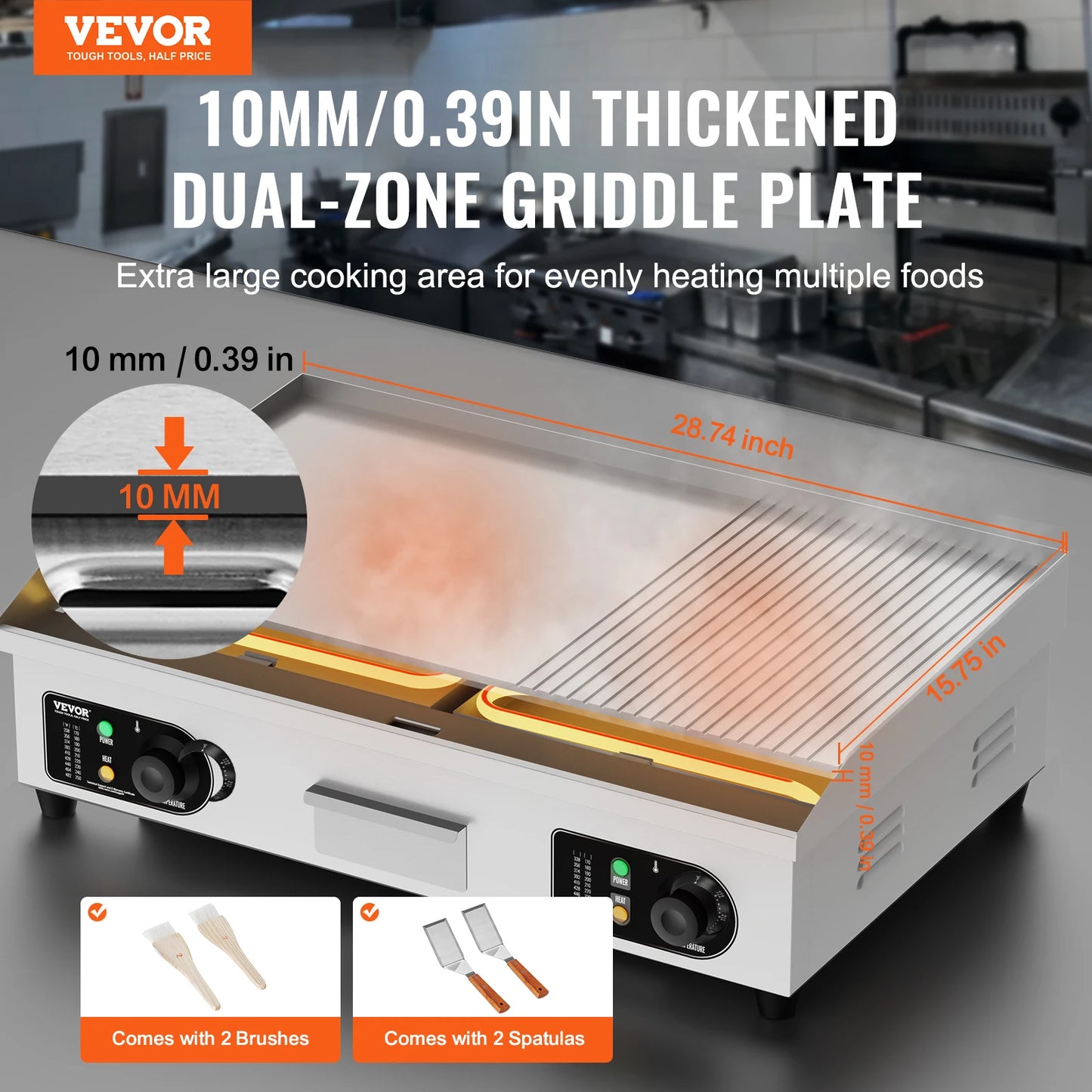 SucceBuy 22/30 inch Commercial Electric Griddle Countertop Half-Flat Top Grill 122℉-572℉ Stainless Steel Teppanyaki Grill