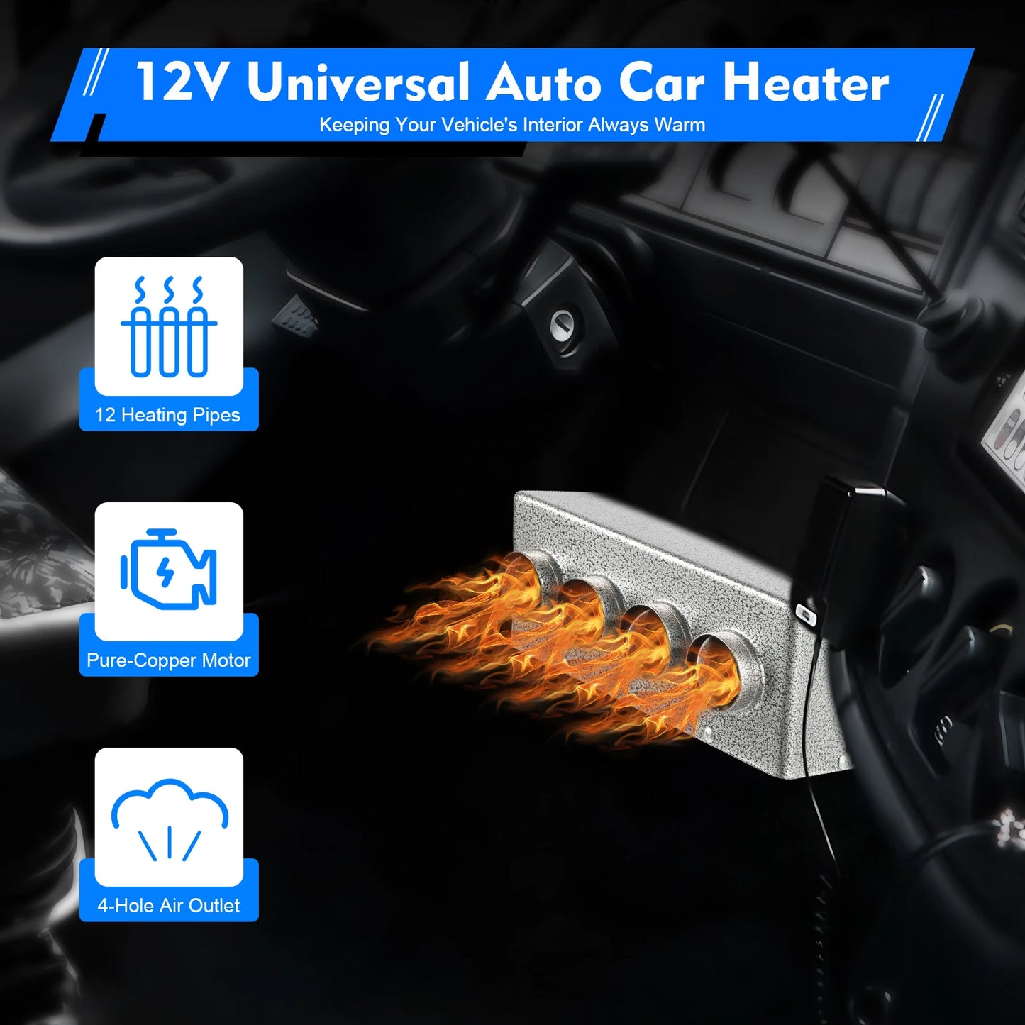 12V 4-in-1 Car Heater with Defogger Defroster Fan, Energy Efficient Auxiliary Heating & Ventilation for Trucks Vehicles