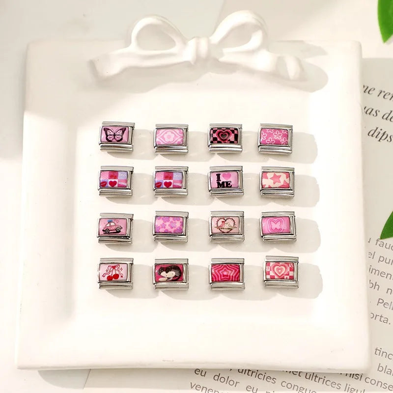 Wholesale Sweet Pink Series Stars Heart Flowers Butterfly Italian Link Fit 9mm Stainless Steel Bracelet Making DIY Charm Jewelry