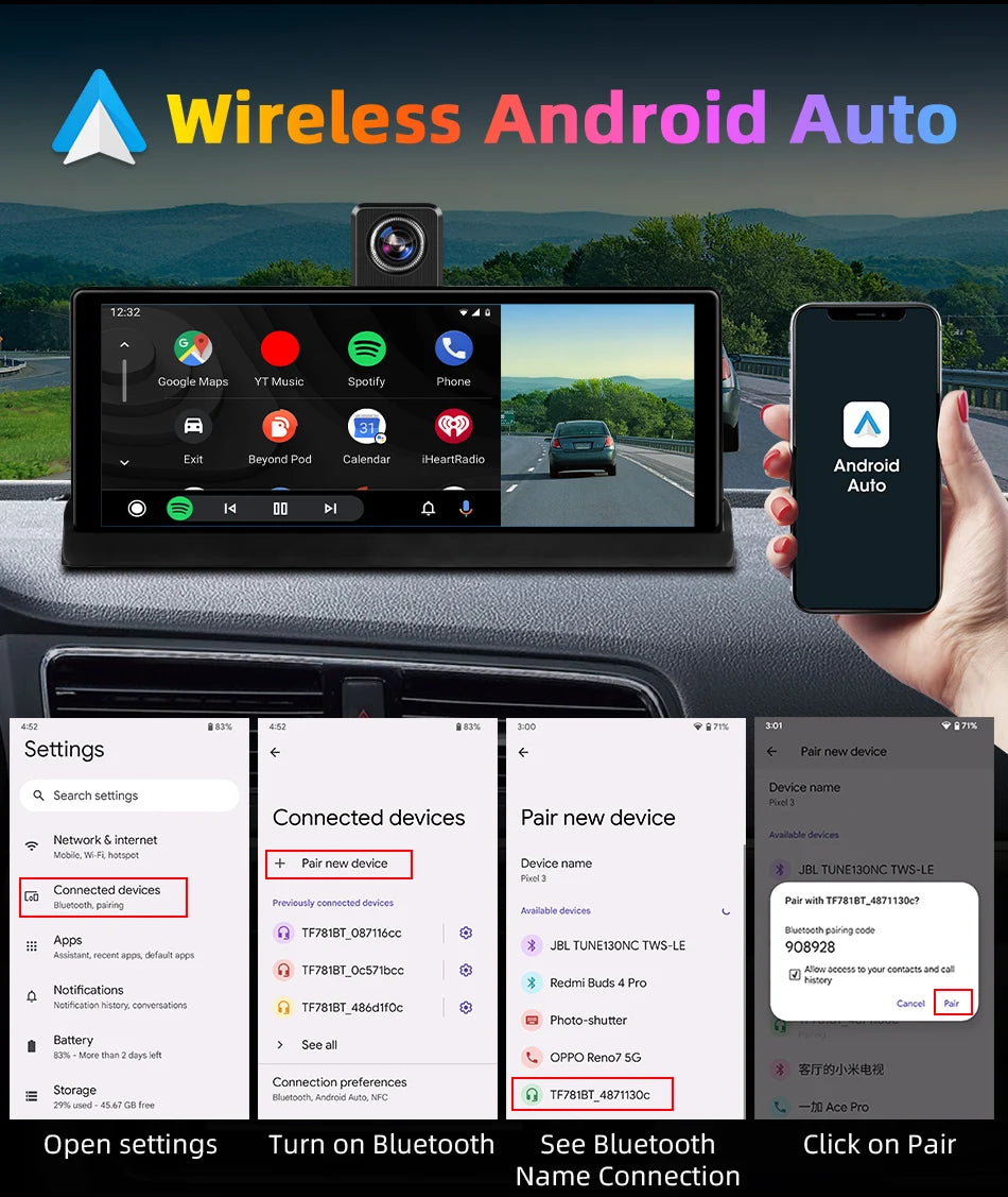 Srnubi 10.26 inch 4K ADAS Car DVR with 360° Rotation Dash Cam Wireless Carplay Android Auto Mirror Link BT WIFI AUX FM Dashboard