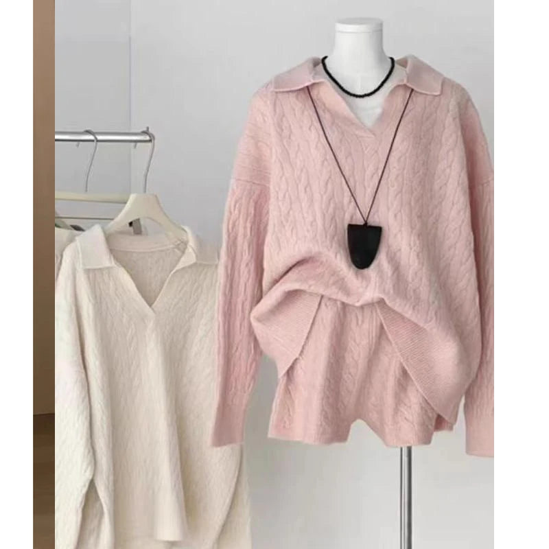 Autumn Winter Pullover Loose Women Sweater Knitted Shorts 2 Two Piece Sets Office Fashion Outfits Lapel Casual Long Sleeve Tops